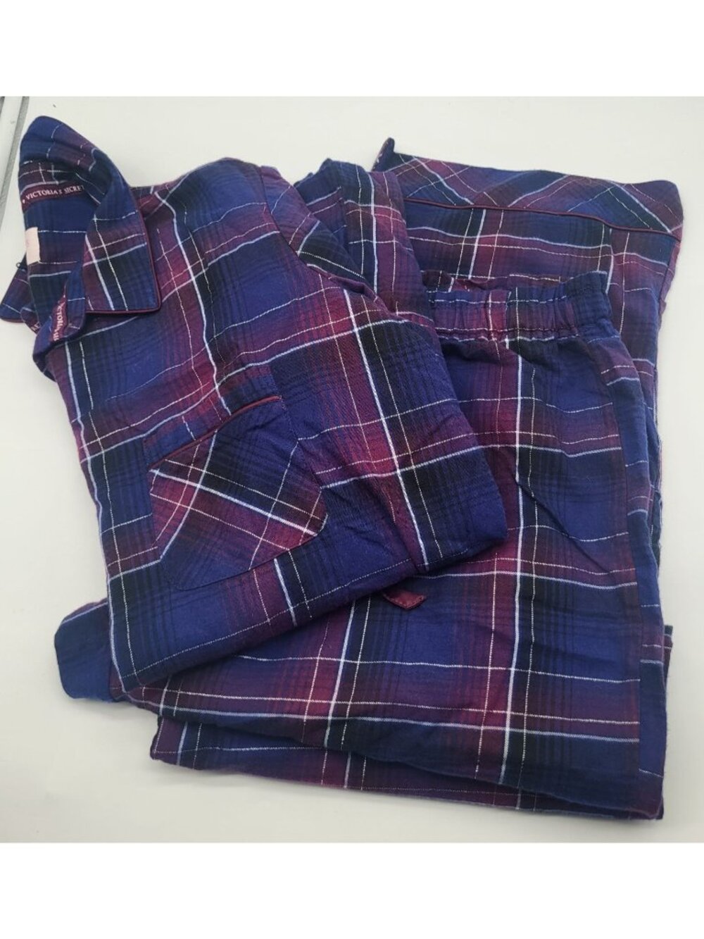 Victoria's Secret Women's SZ LG Purple navy Plaid Flannel LS Pajama Set y2k - Picture 2 of 9